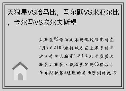 天狼星VS哈马比,马尔默VS米亚尔比,卡尔马VS埃尔夫斯堡