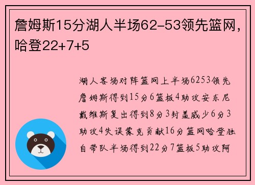 詹姆斯15分湖人半场62-53领先篮网，哈登22+7+5